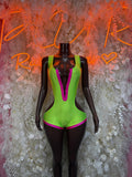 Green and pink sleeveless rave bodysuit with deep V neckline and contrast trim
