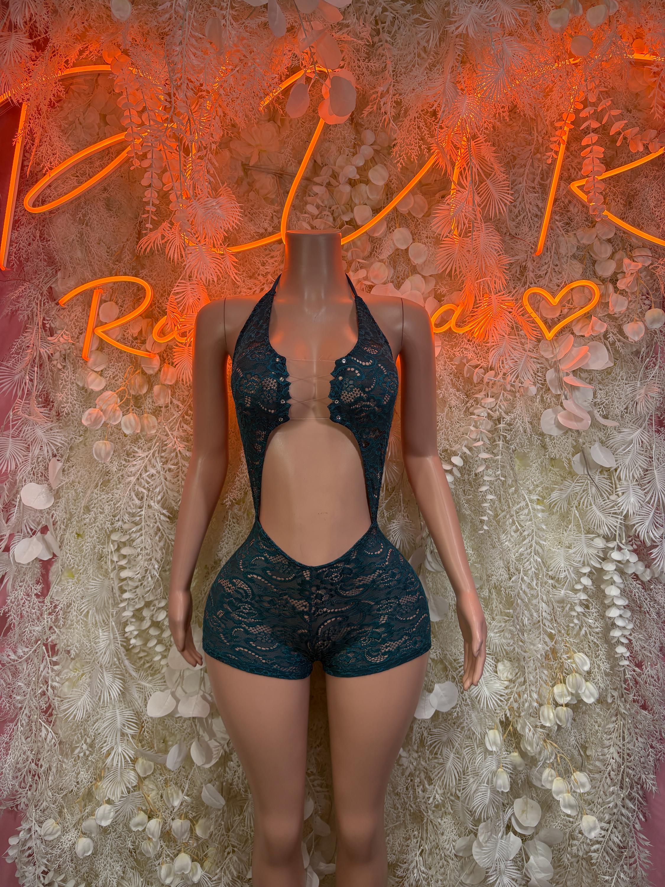 Aqua blue lace bodysuit with halter neckline and plunging front, cheeky cut