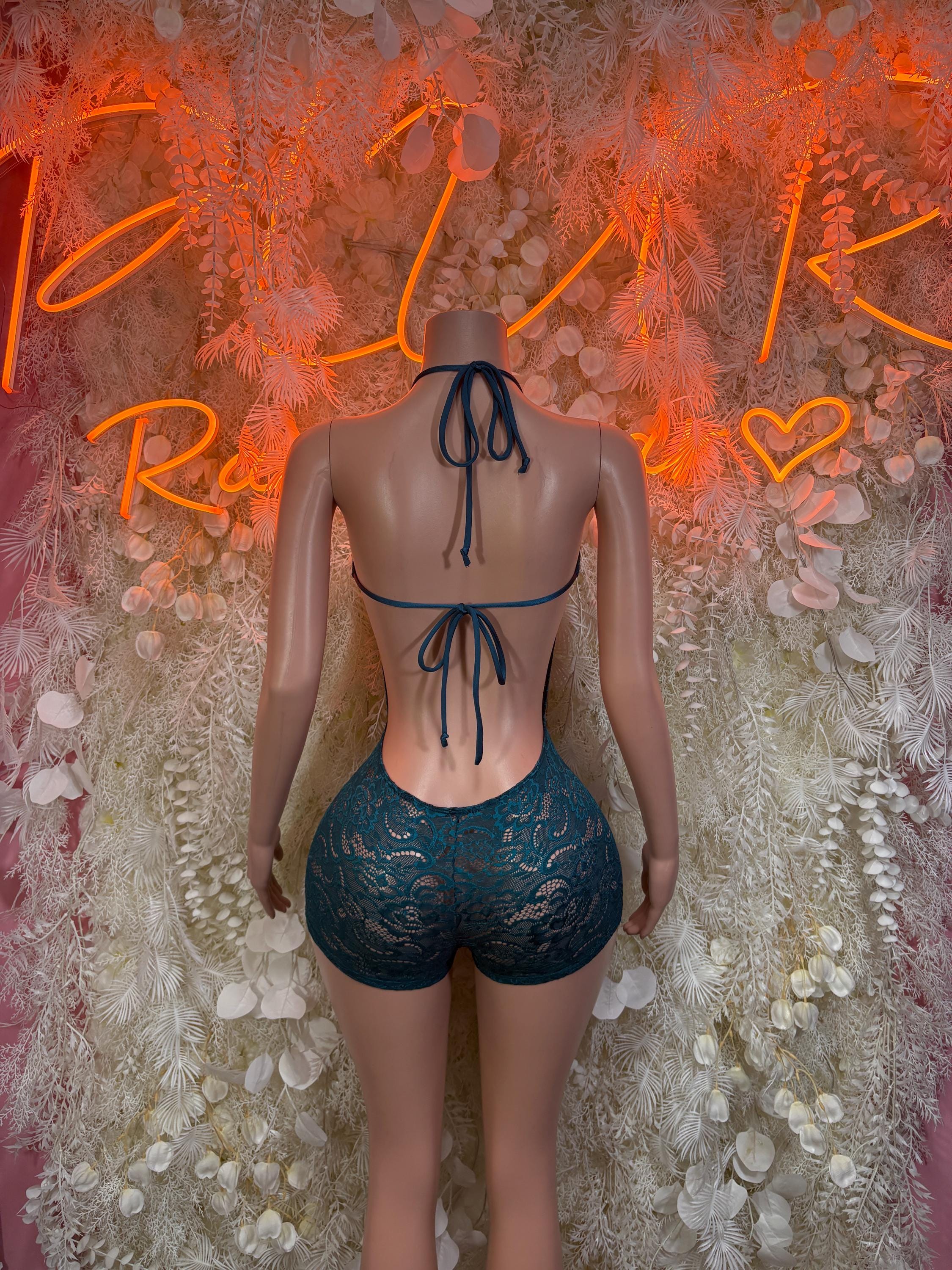 Aqua blue lace bodysuit back view with halter straps and tied bow, plunging front
