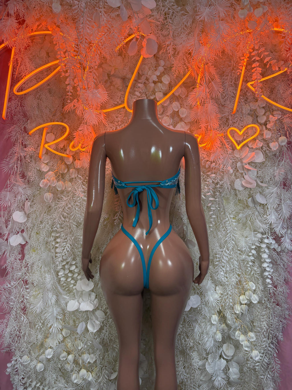 Aqua blue fringe mesh bikini bodysuit with tie-back and cutout back
