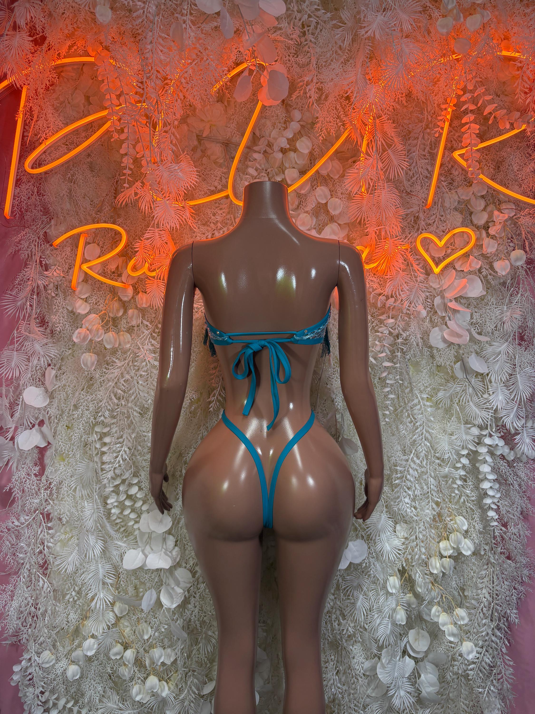 Aqua blue fringe mesh bikini bodysuit with tie-back and cutout back