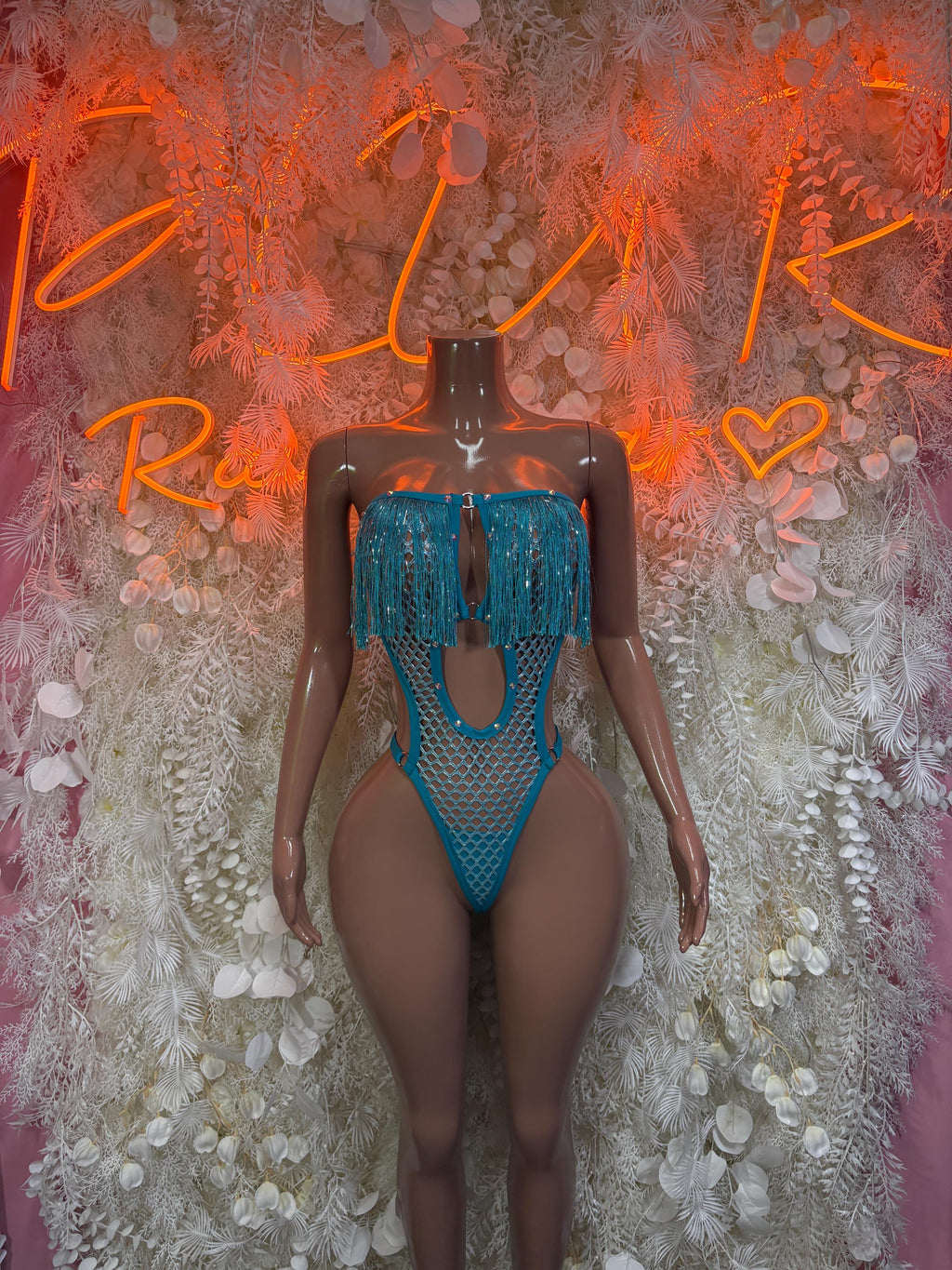 Aqua blue fringe mesh bikini bodysuit with halter straps and front cutouts