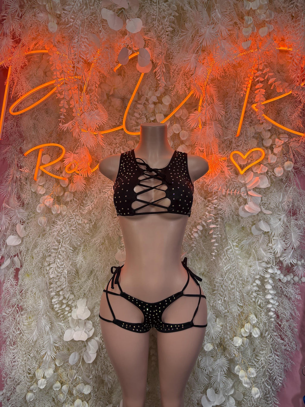Black rhinestone lace-up two-piece costume: strappy bra and matching thong-style bottoms