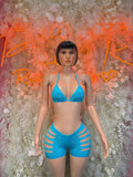 Blue rhinestone triangle bikini top with tie straps and matching cutout shorts set
