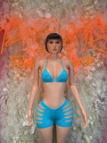 Blue rhinestone triangle bra and matching cutout shorts two-piece costume