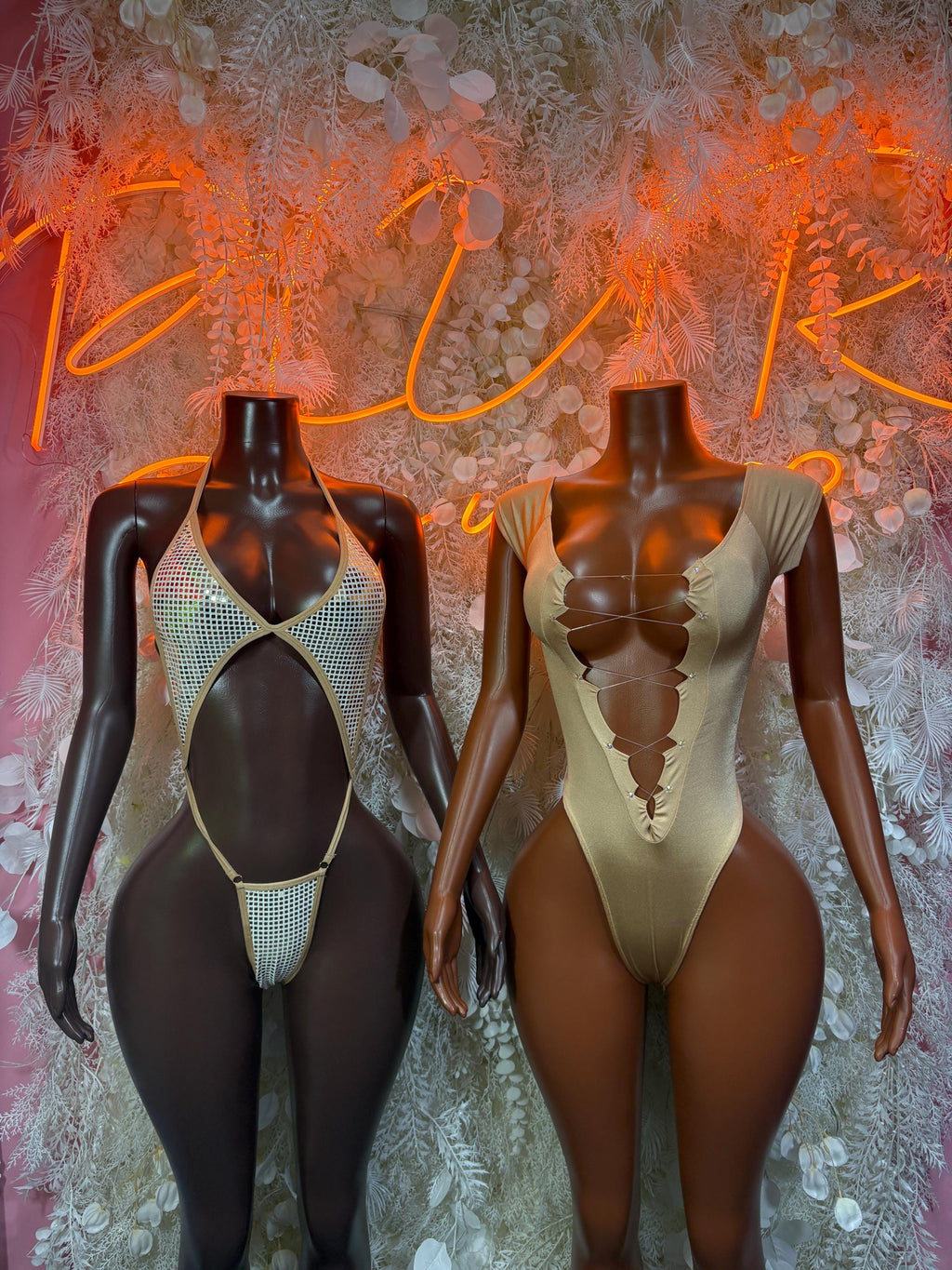 Two-tone one-piece dancewear set, silver and cream mesh with high-cut sides