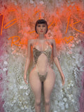 Gold rhinestone one-piece bodysuit with halter straps and deep V front