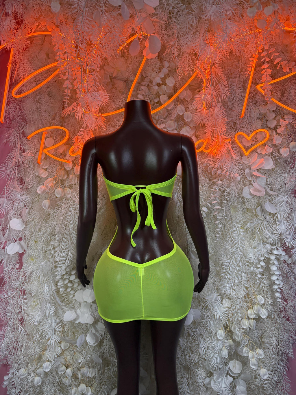 Neon green backless rave mini dress with bow-tied straps and V back
