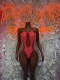 Red fishnet bodysuit with V-neck and keyhole front cutout