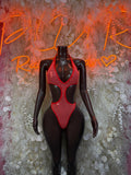 Red fishnet bodysuit with V-neck front and cutout bodice panels