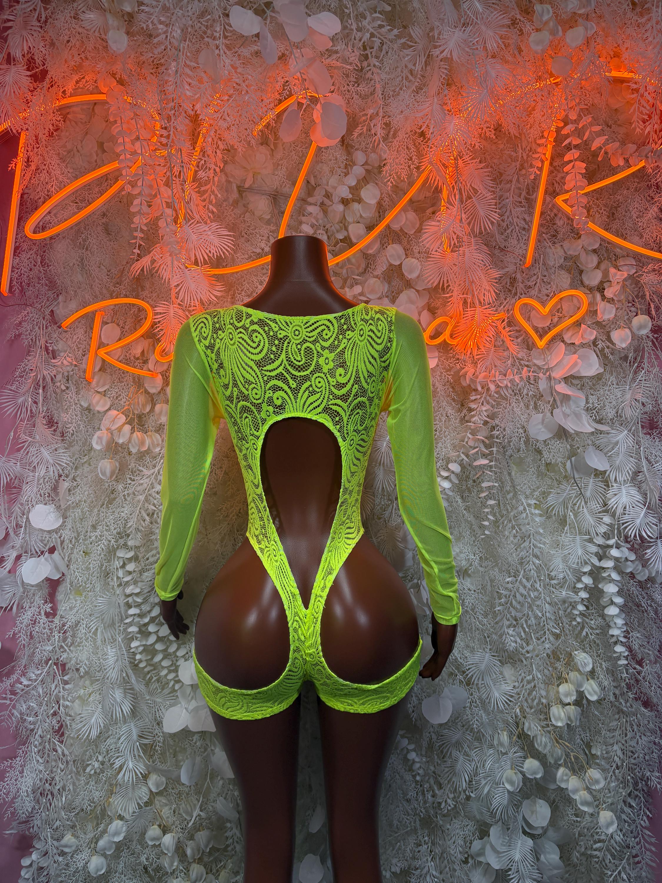 Neon green lace bodysuit with open back V shape and long sleeves