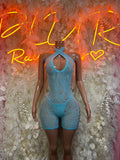 Blue fishnet one-piece halter bodysuit with short legs and open back