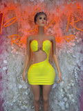 Neon yellow cutout mini dress with bandeau bodice and ruched sides