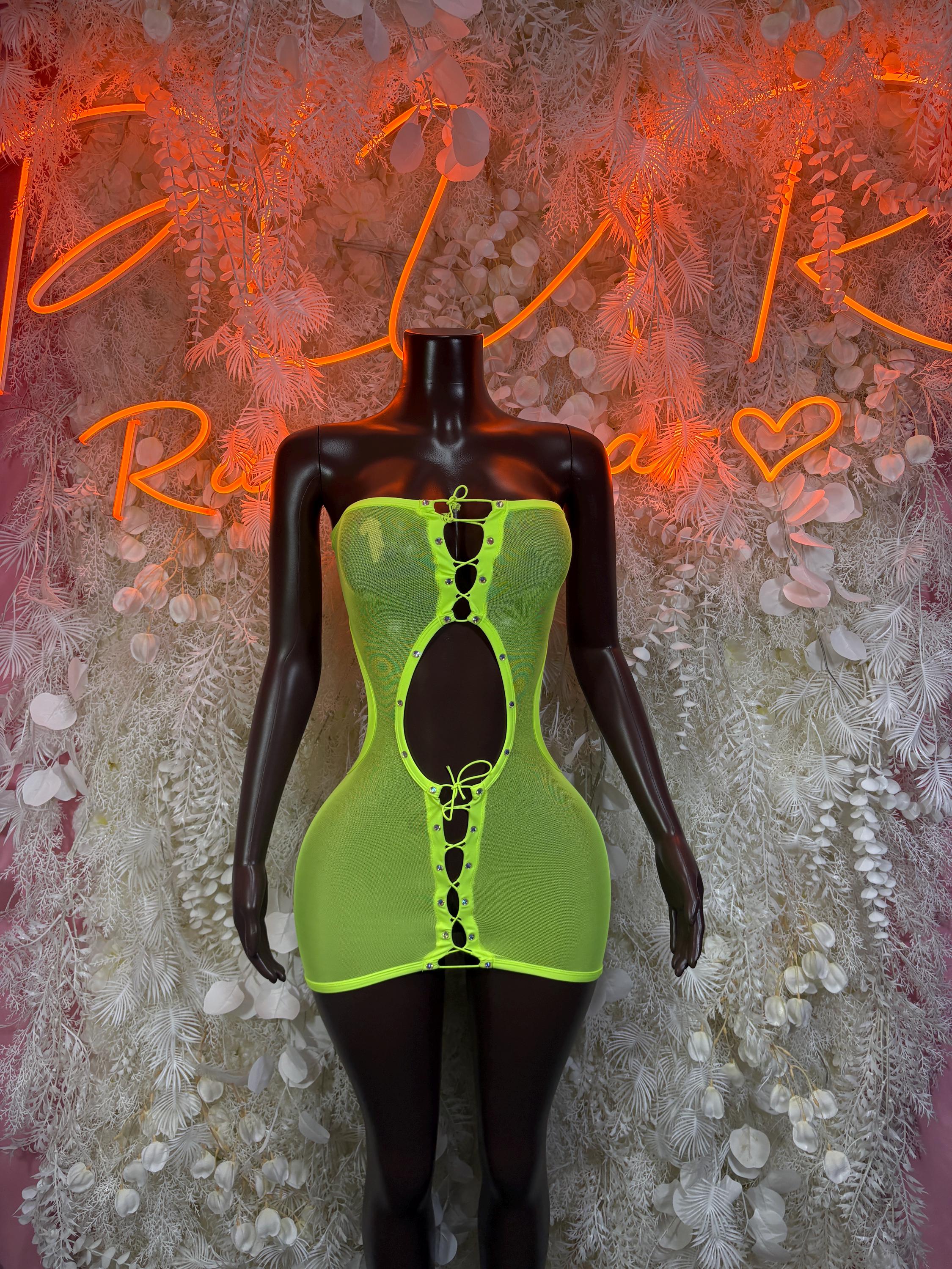 Neon green rave dress with front cutout and lace-up detail, black straps