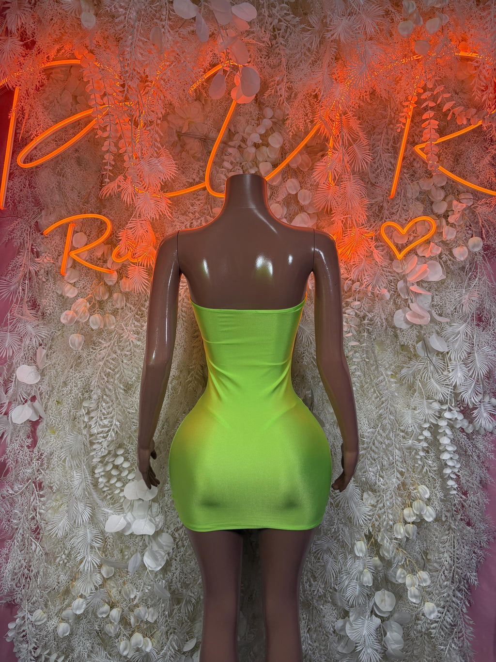Neon green bandeau mini rave dress with backless scoop and ruched fit