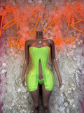 Neon green rave mini dress with thong-style front cutout and ruching