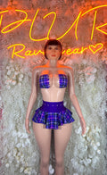 Purple plaid ruffle skirt set with strapless bandeau top, front view