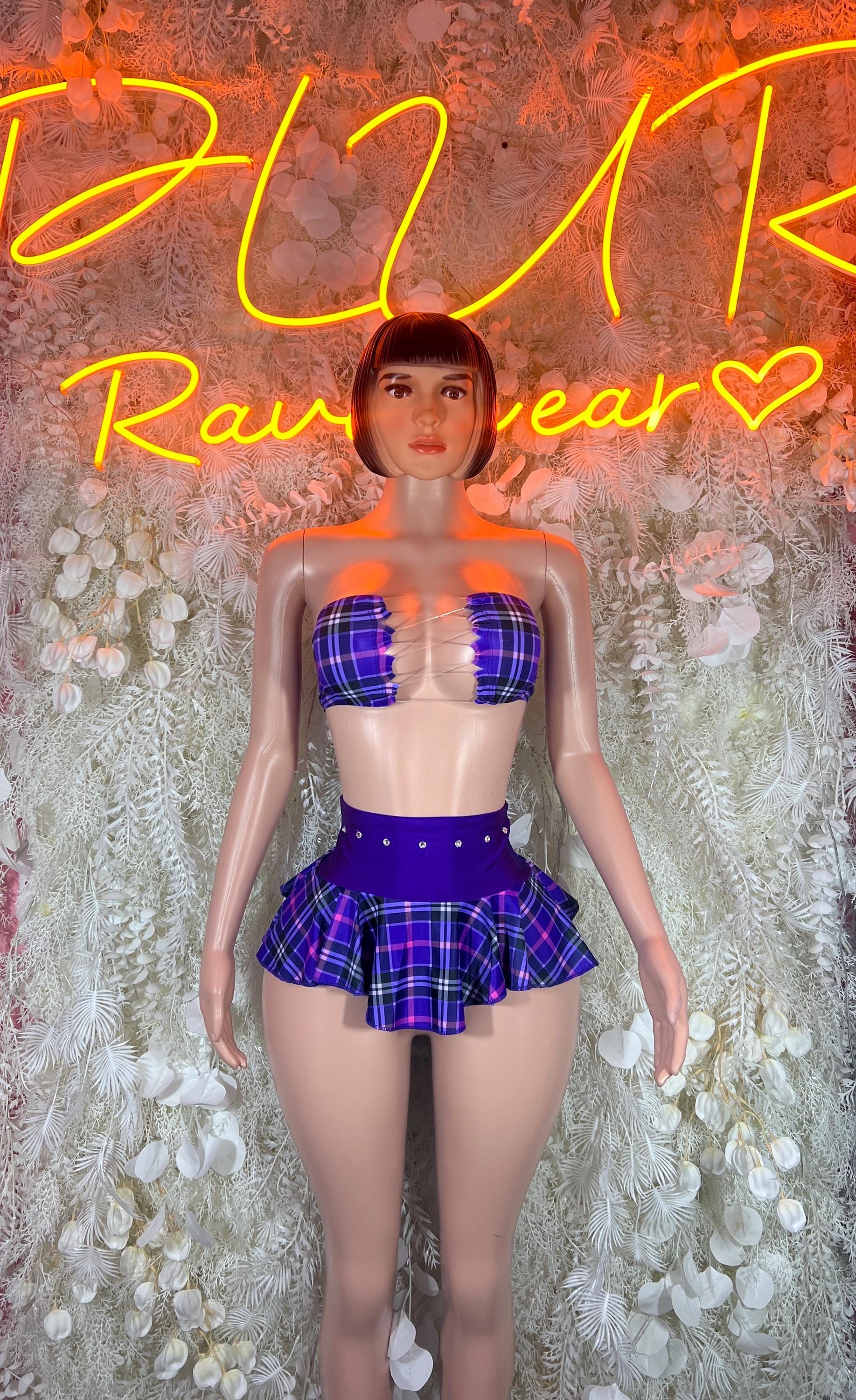 Purple plaid ruffle skirt set with strapless bandeau top, front view