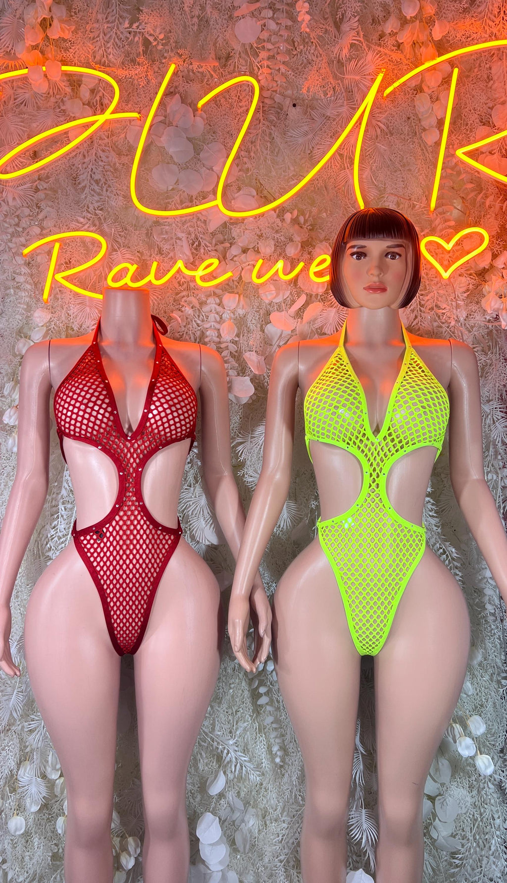 Red and neon green fishnet rave bodysuit with deep V front cutouts