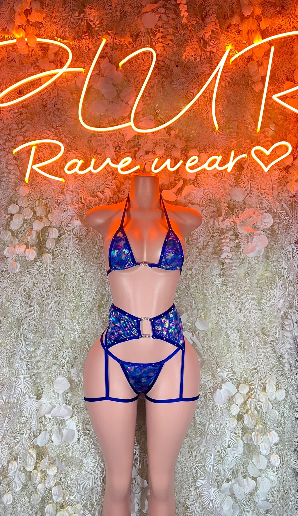 Two-piece rave outfit, purple metallic triangle bra with garter shorts set