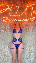 Two-piece rave outfit, purple metallic triangle bra with garter shorts set