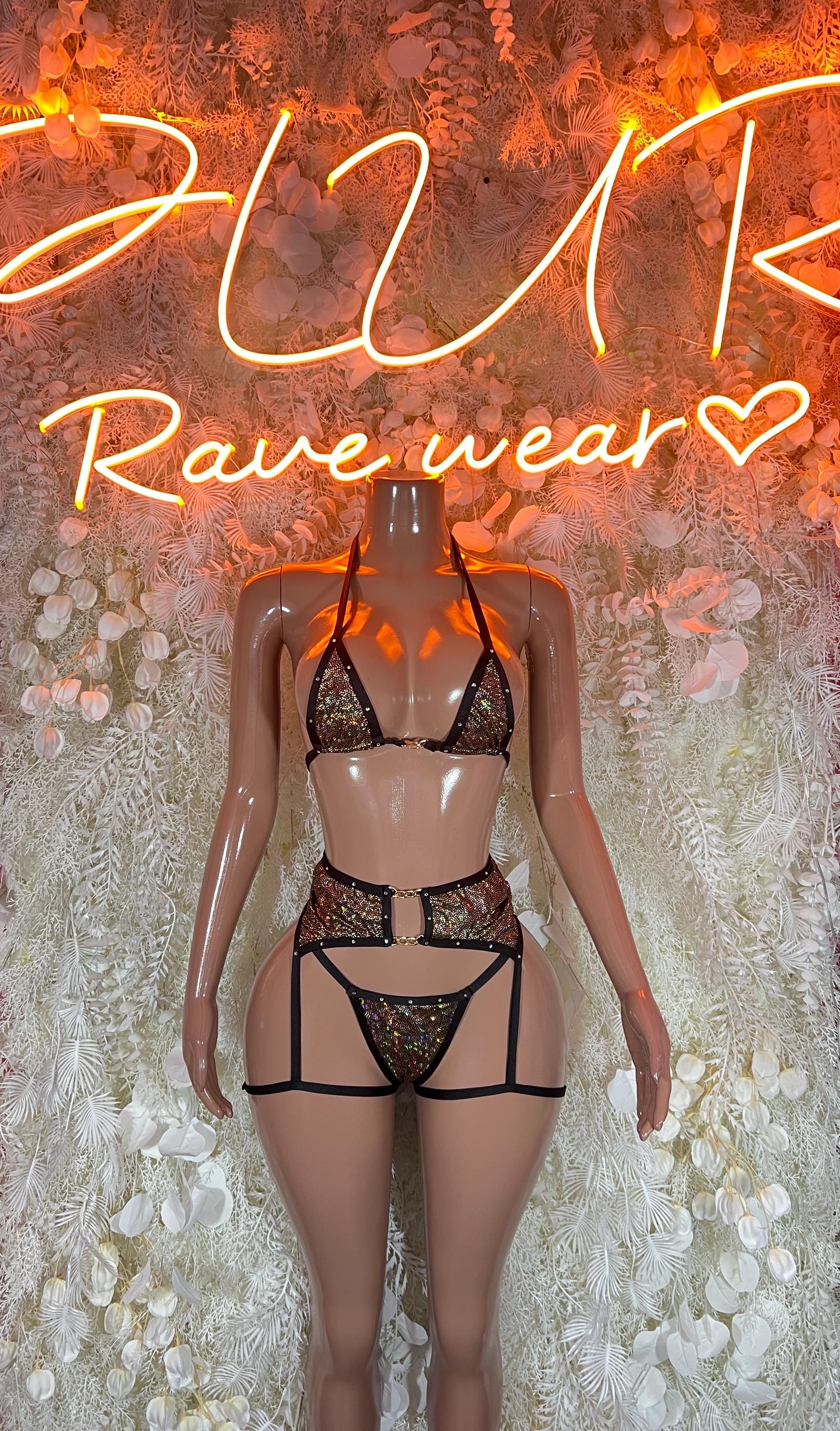 Two-piece rave lingerie set, black with gold metallic cups and strappy details