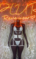 Two-piece rave lingerie set, metallic white bra and high-cut briefs with garter straps