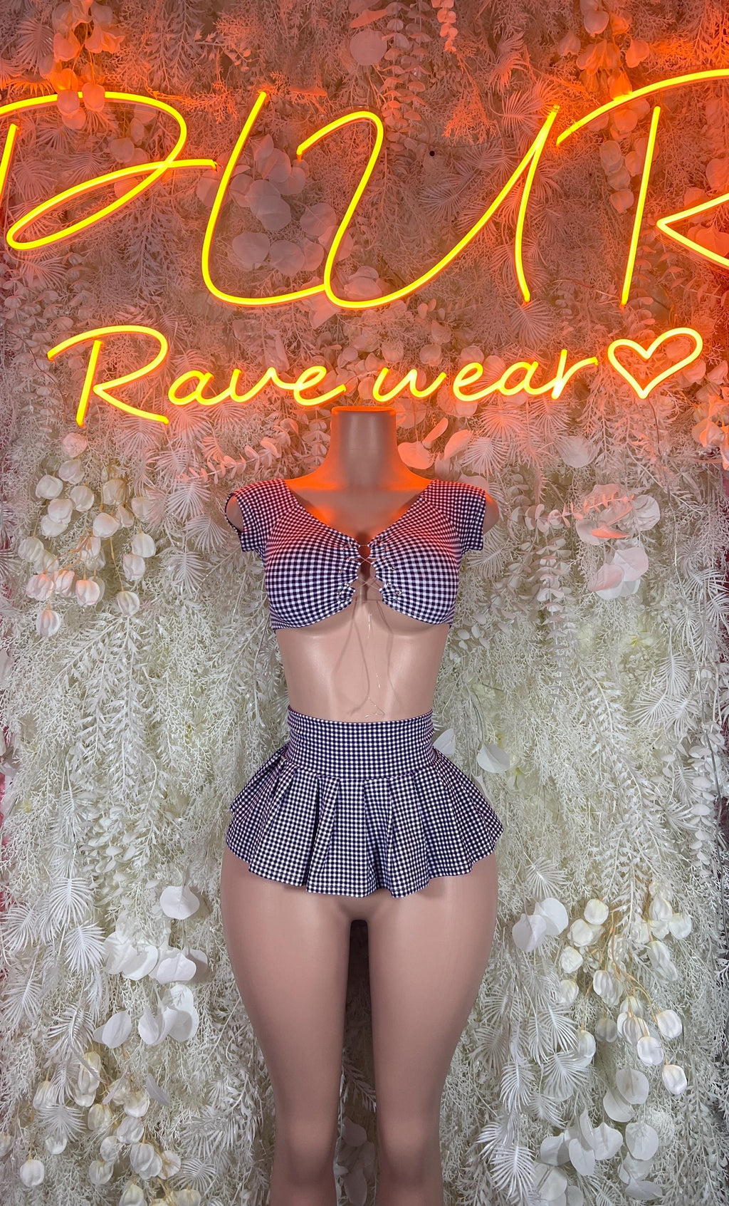 Purple gingham crop top and pleated mini skirt set, strappy neckline