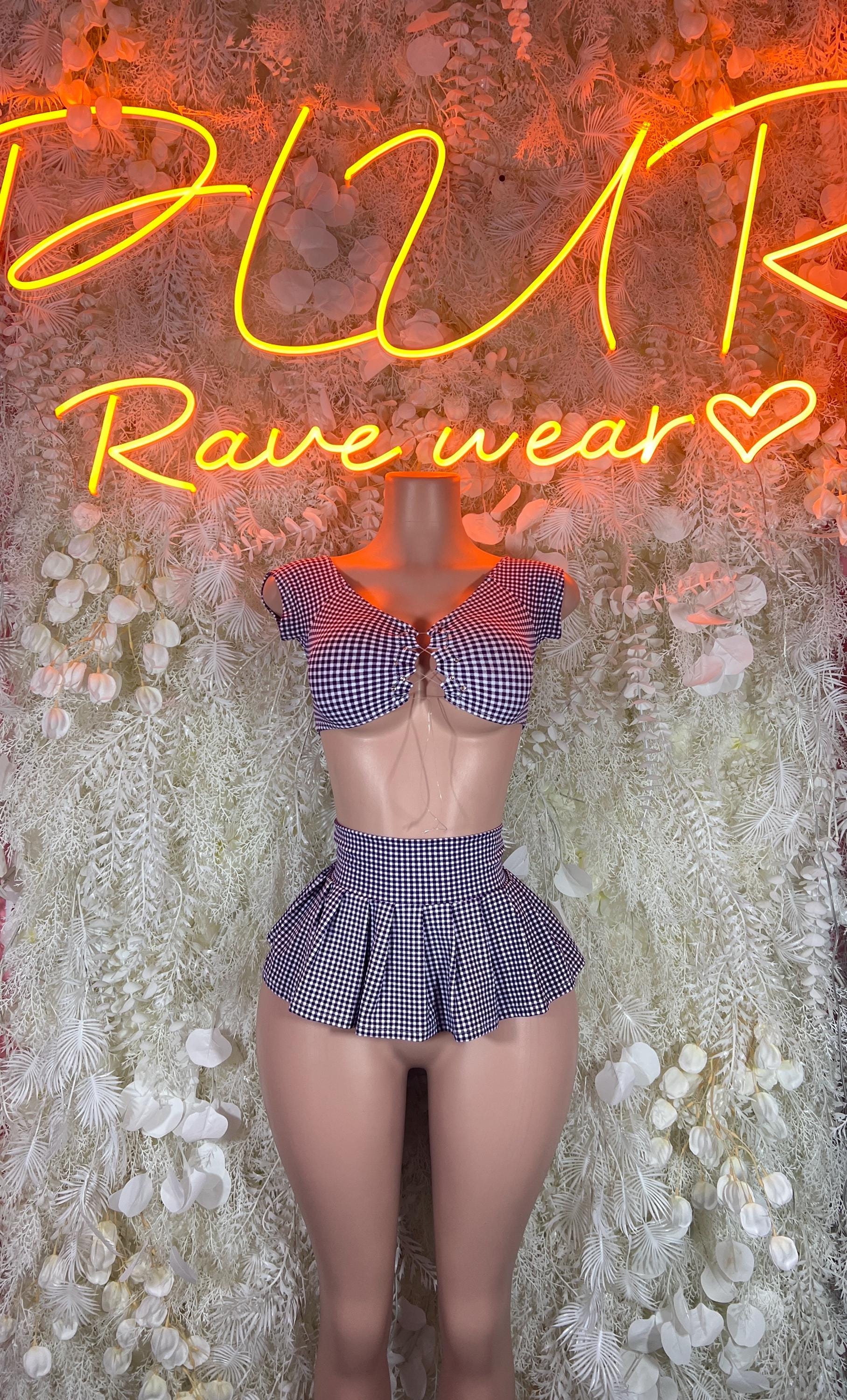 Purple gingham crop top and pleated mini skirt set, strappy neckline