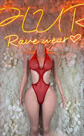 Red fishnet bodysuit with deep V-neck and cheeky cutouts