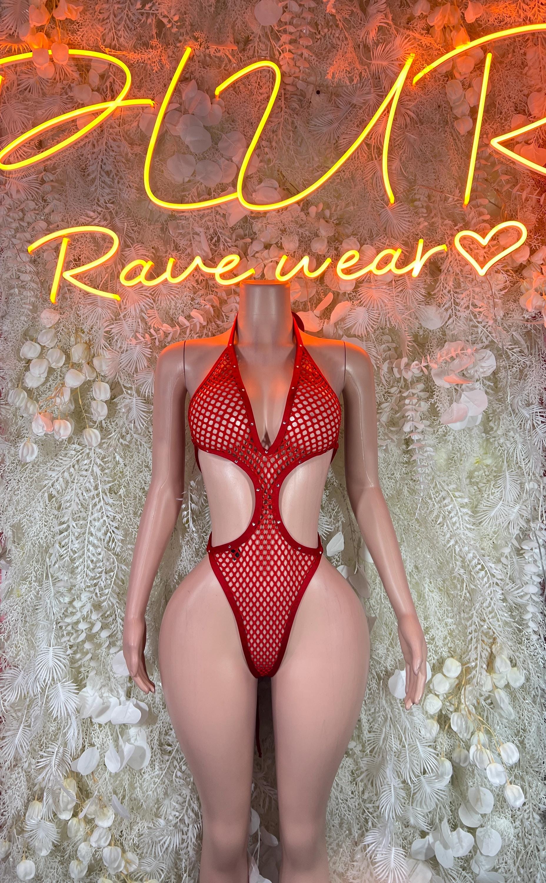 Red fishnet bodysuit with deep V-neck and cheeky cutouts
