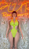 Neon green fishnet rave bodysuit with halter neckline and high-cut front