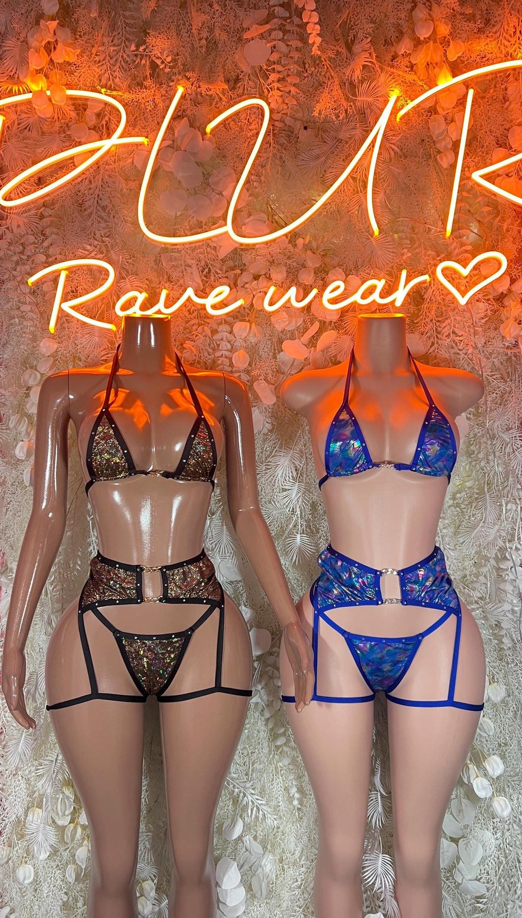 Two-piece rave lingerie sets, black and blue with strappy lace and metallic trim