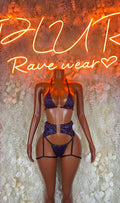 Two-piece rave outfit in purple metallic: bra and garter shorts, front view