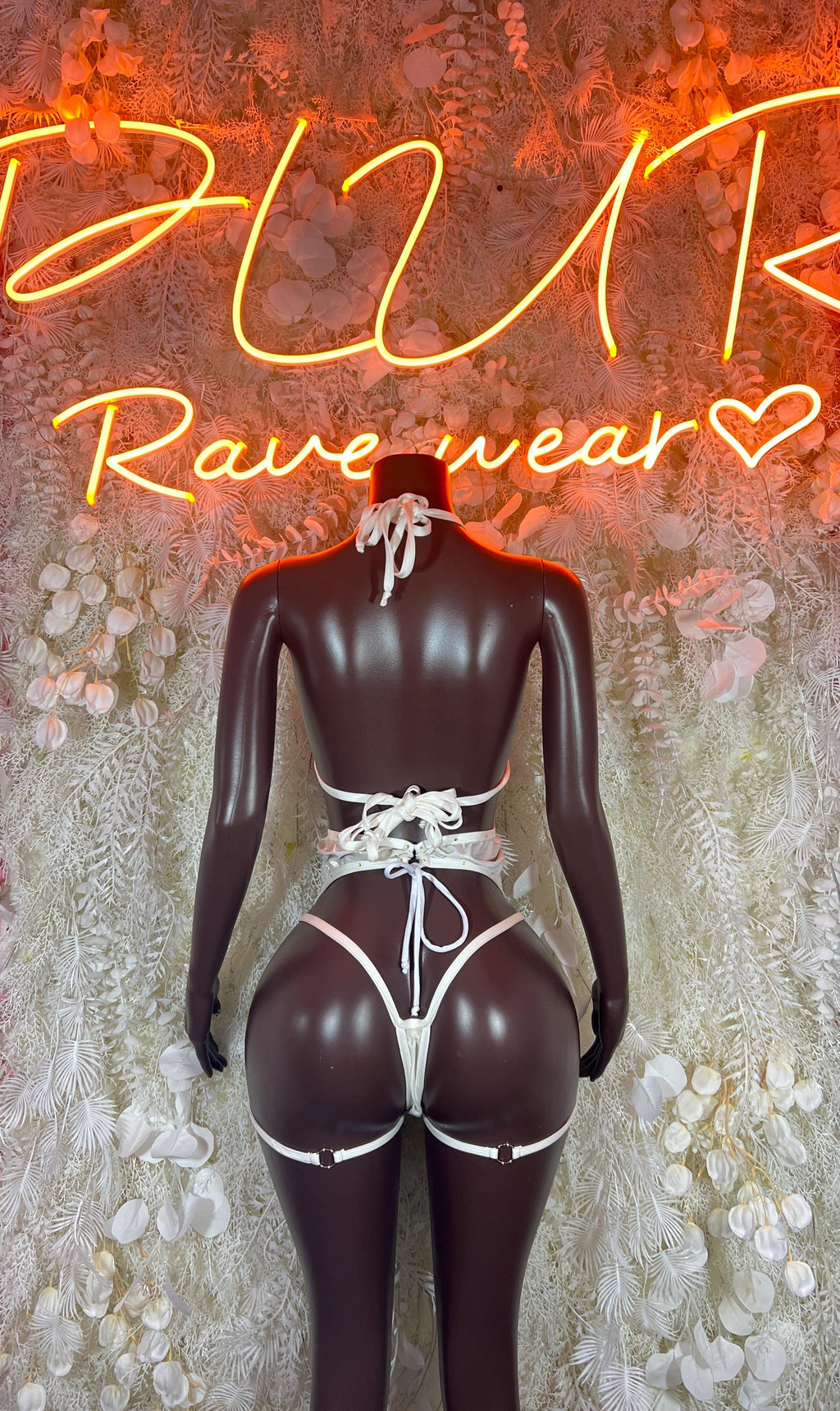 Two-piece rave lingerie set, metallic white bra and thong-style bottoms with lace ties