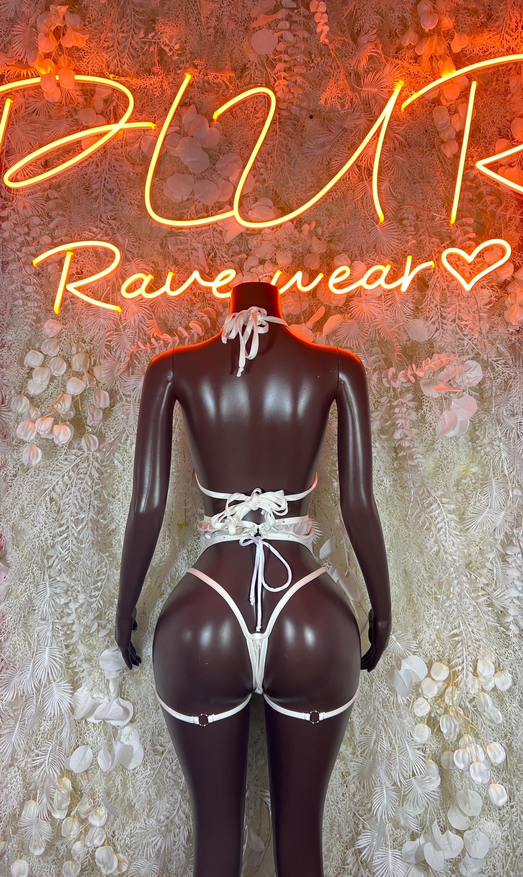 Two-piece rave lingerie set, metallic white bra and thong-style bottoms with lace ties