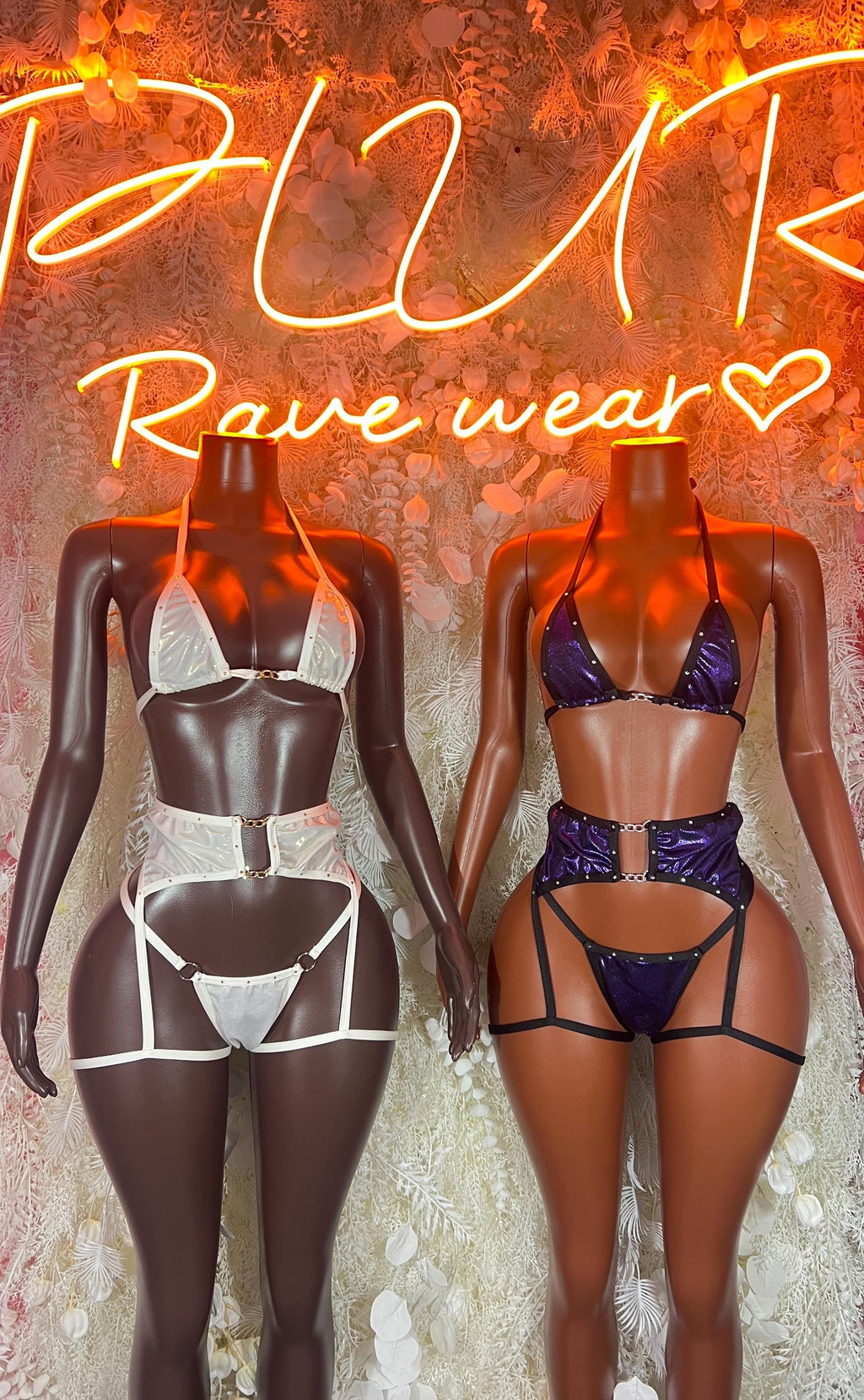 Two-piece rave lingerie set, metallic white and metallic navy bra and bottoms