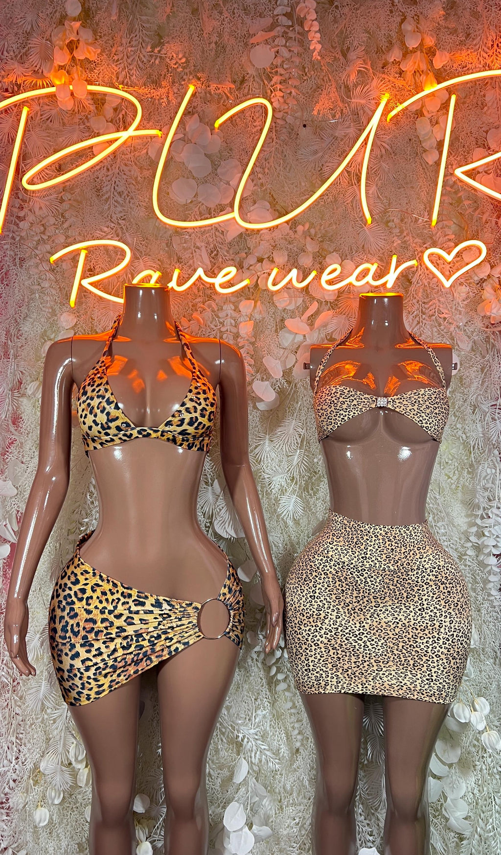 Animal print two-piece skirt set, front and back views of leopard bra and mini skirt