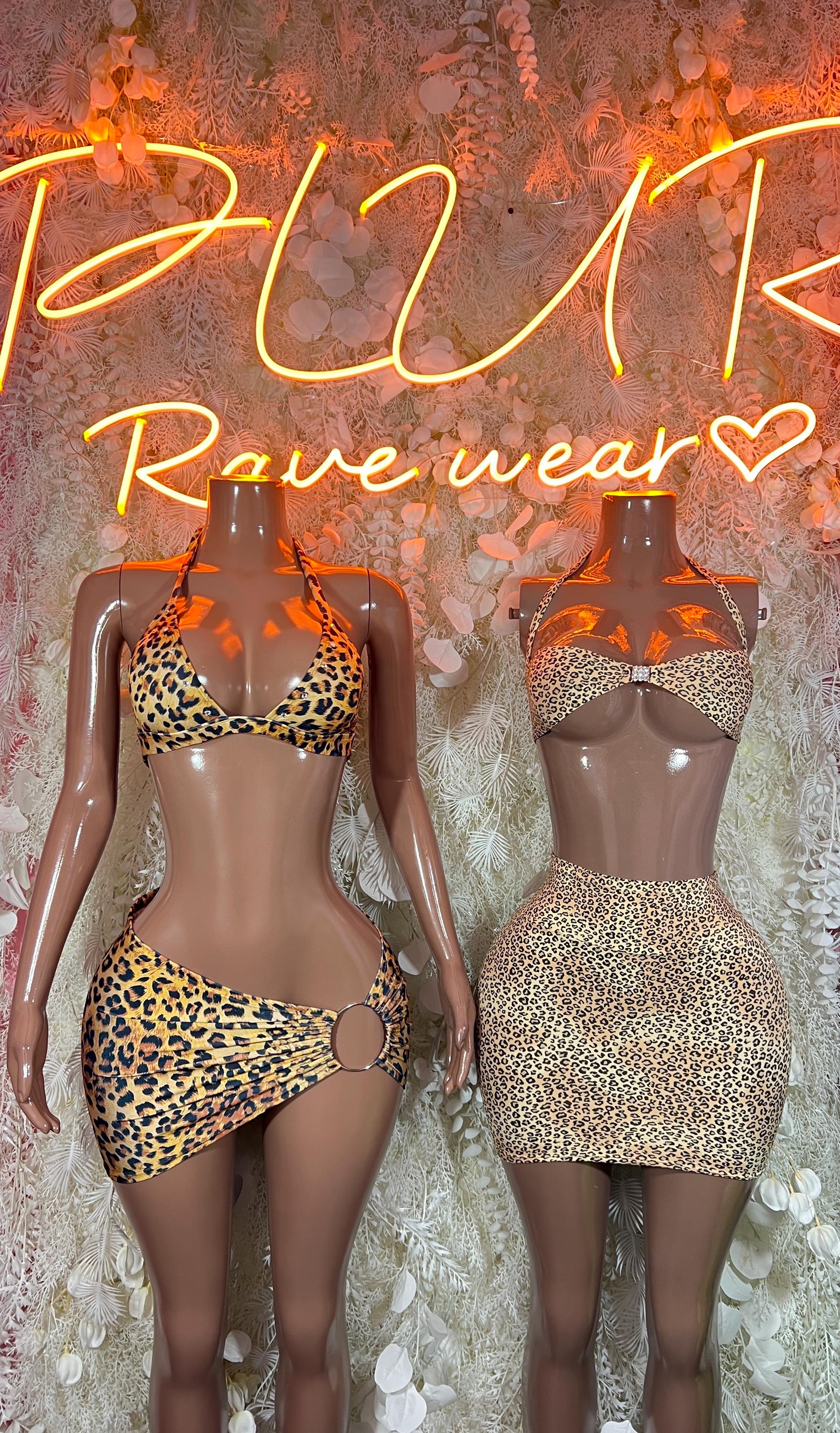 Animal print two-piece skirt set, front and back views of leopard bra and mini skirt