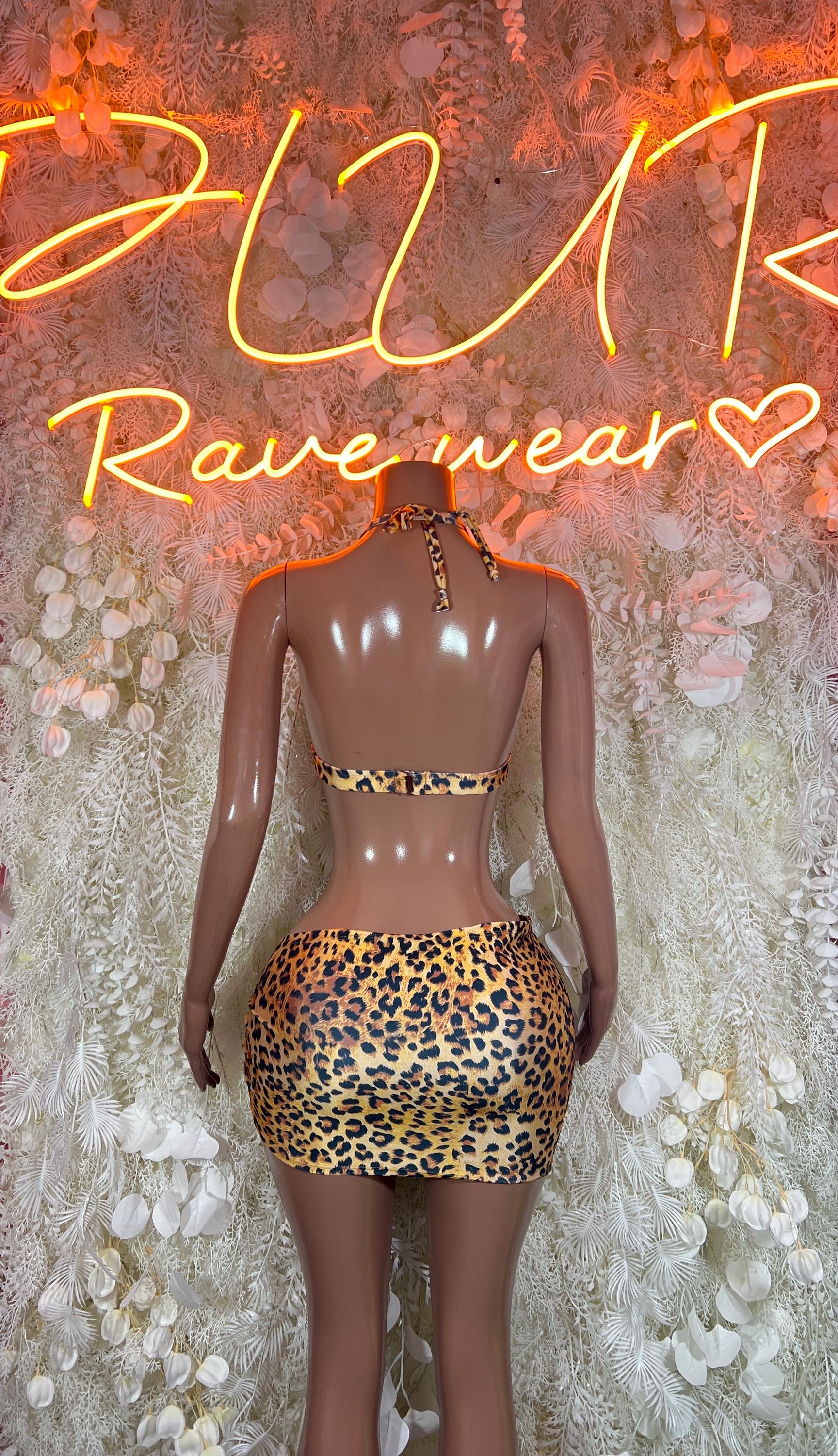 Animal print two-piece skirt set with leopard bralette back and matching mini skirt