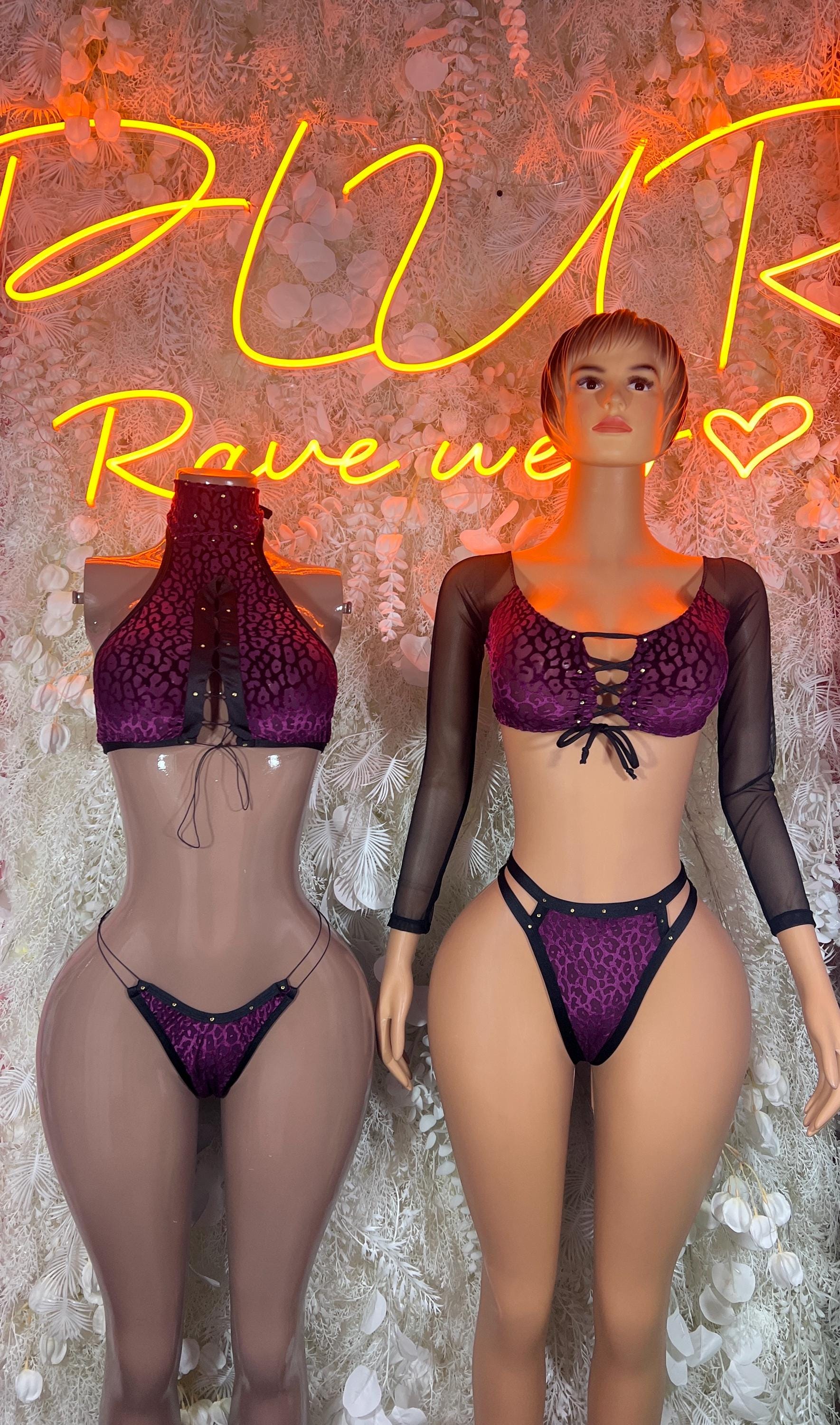 Purple cheetah-print two-piece set with sheer long sleeves, front and back views