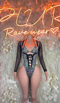Black long-sleeve rave bodysuit with lace-up front and multicolor metallic print