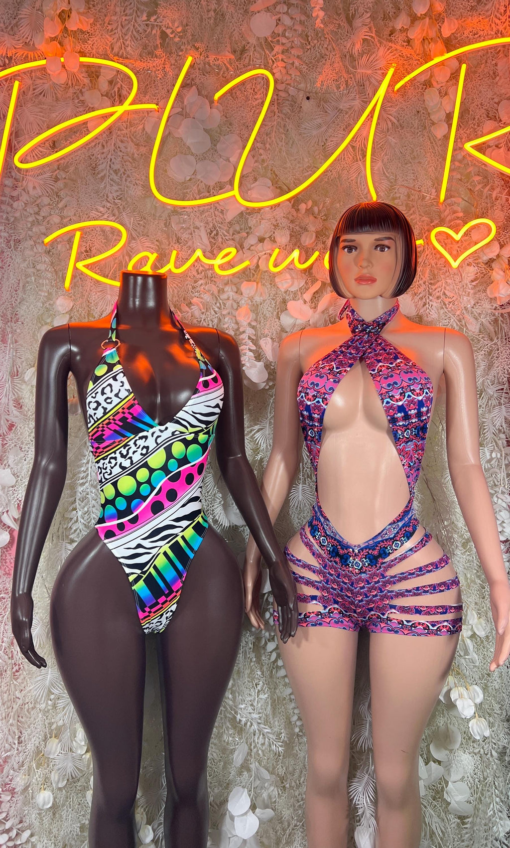 Purple and blue multicolor halter bodysuit with open back and striped waistband
