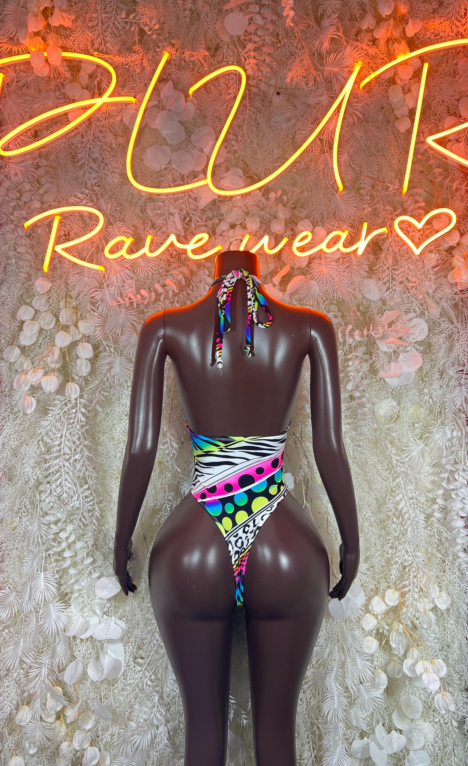 Multicolor halter one-piece bodysuit with geometric rainbow print and strappy back
