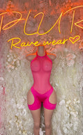 Pink fishnet rave bodysuit with halter neckline and high-cut bottoms