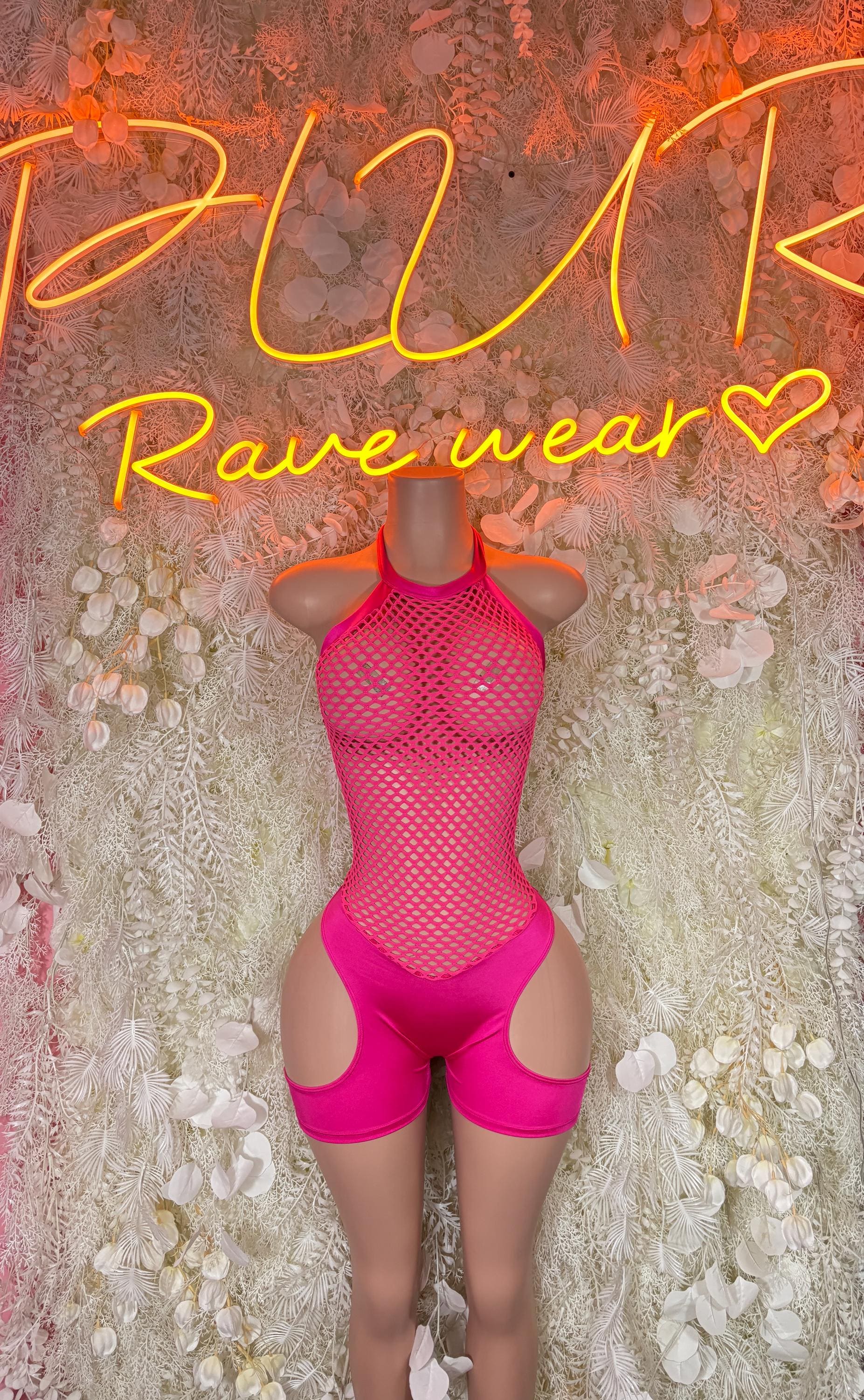Pink fishnet rave bodysuit with halter neckline and high-cut bottoms