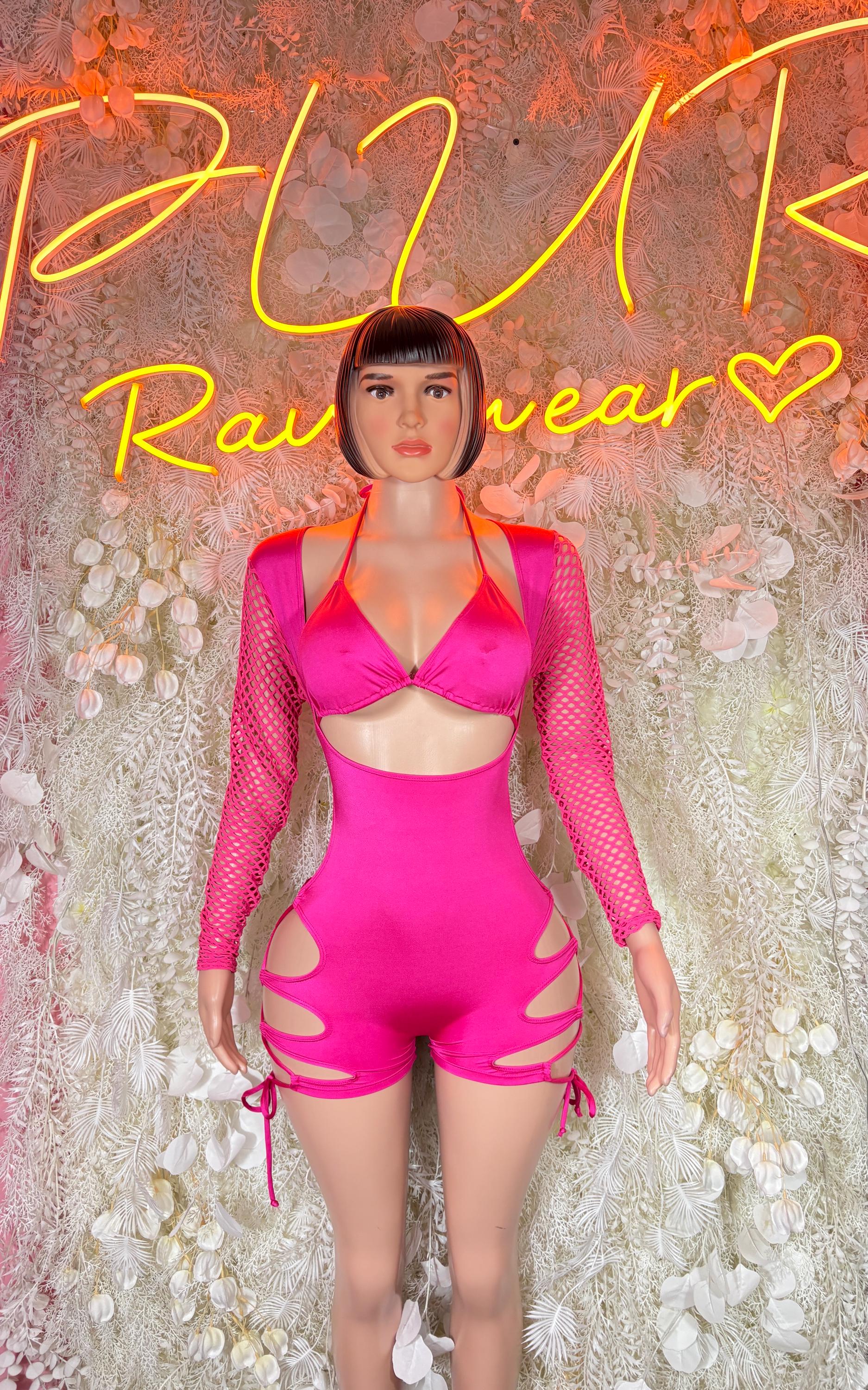 Pink bodysuit with mesh sleeves, front cutouts, and lace-up neckline