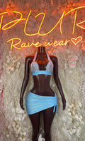 Blue lace two-piece skirt set with lace-trim bra top and tied mini skirt