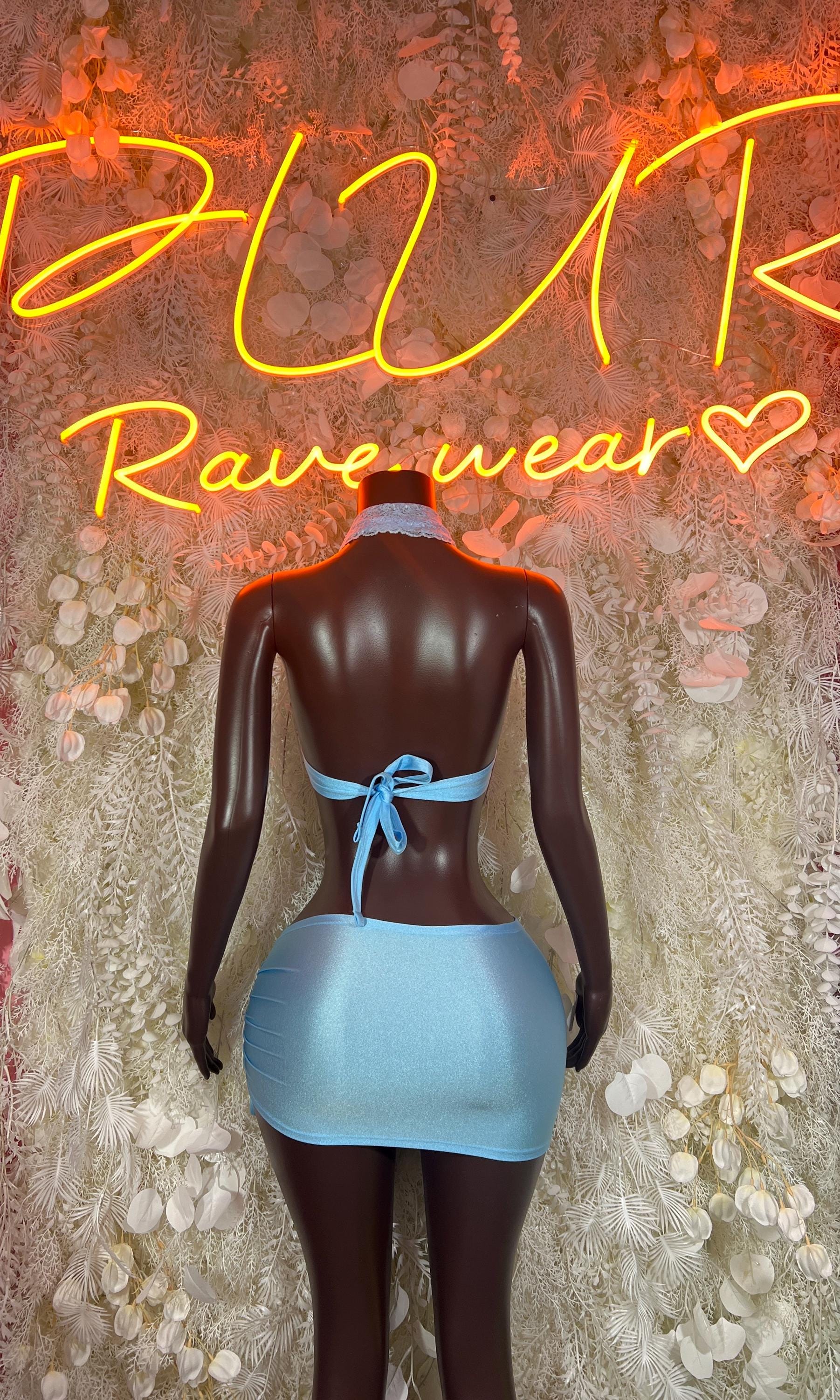 Blue lace two-piece skirt set, back view with ribbon ties on mini skirt