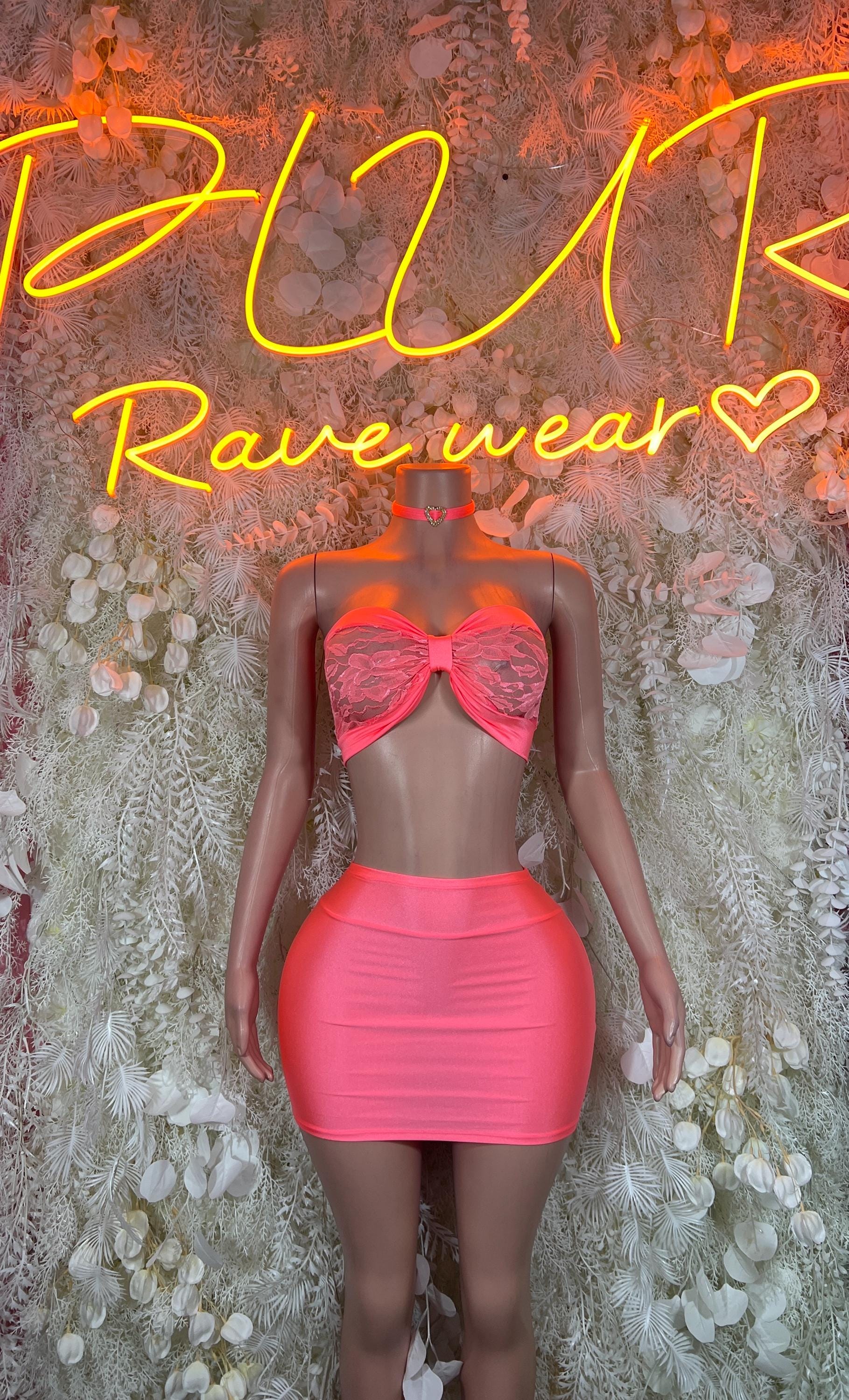 Neon pink ruffle heart bow bandeau top and mini skirt set, front view